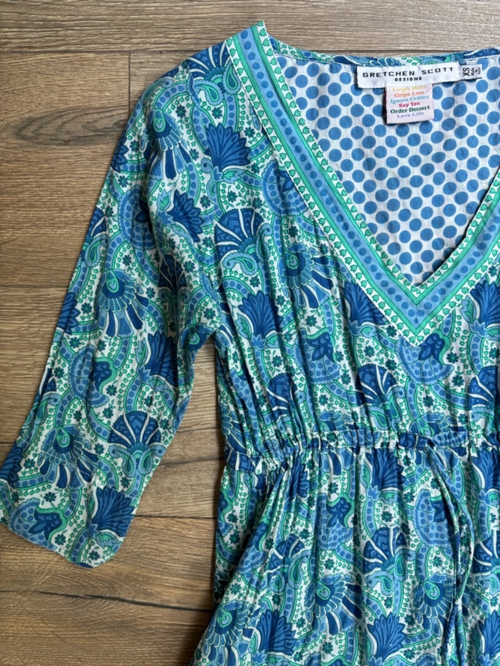 Gretchen Scott Blue Paisley Resort Dress XS | Boho Tunic Mini Coverup - Picture 4 of 15